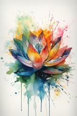 A Burst of Colourful Splatters and Stains Form a Beautiful Watercolor Painting of a Lotus Flower: Generative AI