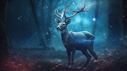 A Dreamy Spirit Awakens in the Deep Fairy Forest: Magic Deer, Illuminated by the Positive Light of a Tale: Generative AI