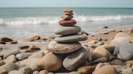 A Heap of Balanced Zen Stones on the Beach: Perfect Harmony in Nature for Meditation and Wellness: Generative AI