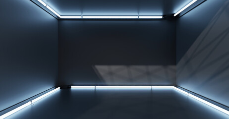 square room and wall square neon sign frame Neon sign on cement wall laser light signboard wall laser light modern background Copy space 3D illustration