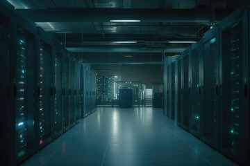 Fototapeta premium A scene of a data center or server room, with rows of servers and LED lights glowing in the background. Generative AI