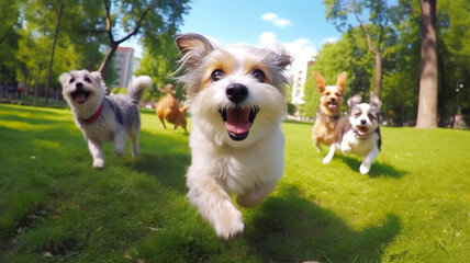 Cute funny dogs group running and playing on green grass in park, Generative AI