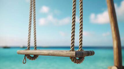 Obraz premium A rustic wooden swing on ropes against a tropical teal blue ocean horizon seascape illustration. A.I. generated. 
