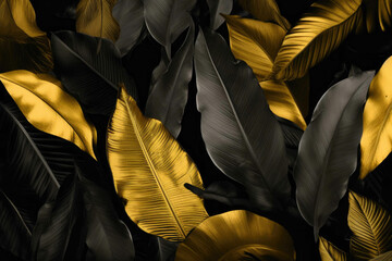 Tropical leaves background, leaf mix Black and gold. Generative AI
