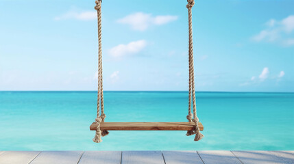 A rustic wooden swing on ropes against a tropical teal blue ocean horizon seascape illustration. A.I. generated.
