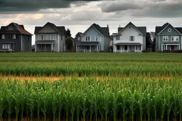 A new subdivision of identical gray houses in the middle of a vibrant field of corn. Generative AI - obrazy, fototapety, plakaty