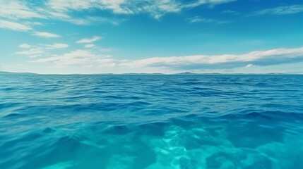 Obraz premium A tropical teal blue ocean horizon seascape illustration. A.I. generated.