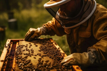 Beekeeper holding a honeycomb full of bees. Generative AI