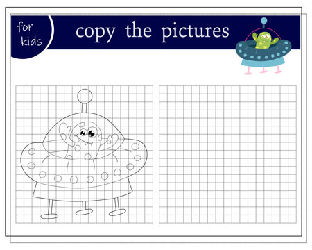 Copy a picture, an educational game for children, a cartoon monster, an alien in a flying saucer. Vector illustration