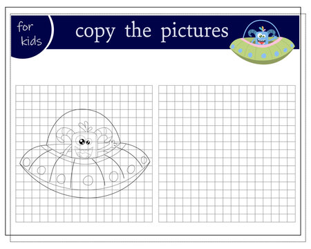Copy a picture, an educational game for children, a cartoon monster, an alien in a flying saucer. Vector illustration
