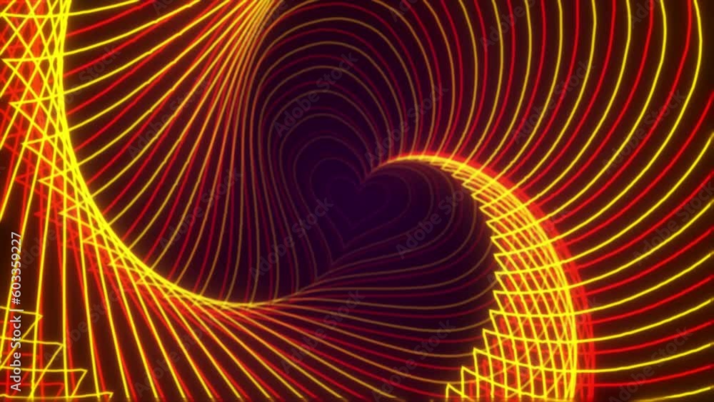Poster abstract neon heart tunnel loop animation. neon heart animation background. motion abstract heart tu