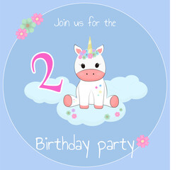 
Card birthday invitation for party with cute unicorn rainbow, stars, flower, cloud with blue background for 2 year babe