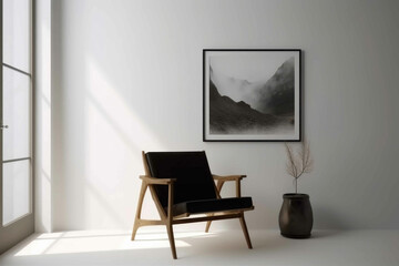 Interior poster mockup with square wooden frame on empty white wall. Generative AI