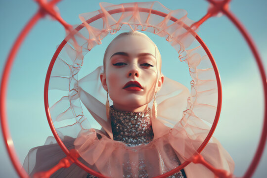 model with editorial red and pink frills and designer fashion in magazine shoot style, made with generative ai