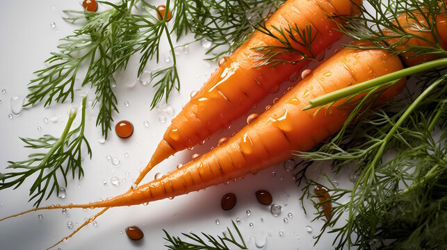 Carrots Fresh and Juicy with Visible Water Drops on a Clean White Background, a Refreshing Image of Healthy and Nutritious Produce. generative ai