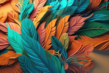 Pattern of colorful tropical leaves illustration background. Wall mural in the interior, textiles, fabric background. Generative AI