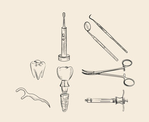 Set of Dentists with different dental equipment