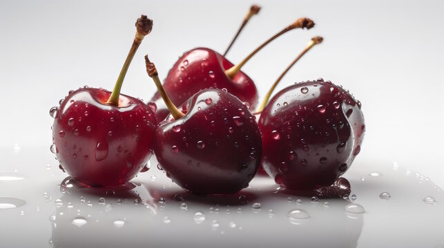 red cherries with water splash isolated on white background, a tempting image of freshness and summertime. generative ai