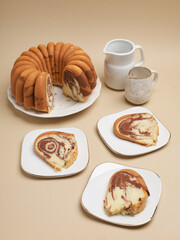 Butter marbled cake on the table, sliced and served at tea time