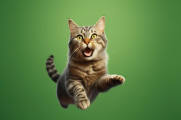 Obraz premium Cat jumping on a green background. Banner concept for petshops and pet niche ecommerce. Generative AI