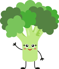 Cute broccoli character waving and smiling. Healthy eating or fresh organic vegetables theme. Vector illustration isolated on white background. 