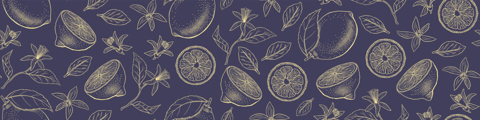 Hand drawn lemon seamless pattern. Outline citrus fruit with flowers and leaves. Vector illustration.