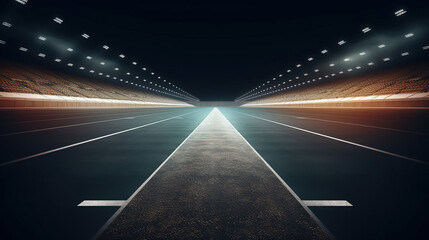 Fototapeta na wymiar Asphalt racing track finish line and illuminated race sport stadium at night. Generative AI