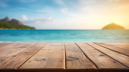 Fototapeta na wymiar Selective Focus on Rustic Wooden Table Top - Blurred Sea or Beach Background for Commercial Design