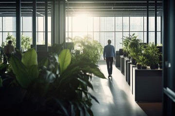 Office workers walking in office with many desks and green plants. Generative ai