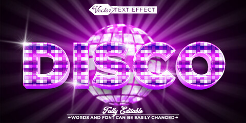 Purple Shiny Mirror Ball Disco Vector Editable Text Effect Template - obrazy, fototapety, plakaty