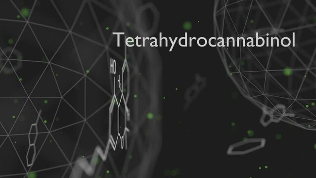 Tetrahydrocannabinol or THC molecular structural chemical formula. Futuristic science backdrop. Pharmacology concept