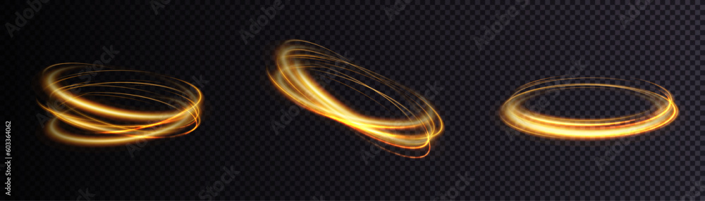 Poster dynamic gold lines with glow effect. rotating shiny rings. abstract sparkling swirl, wave of light.
