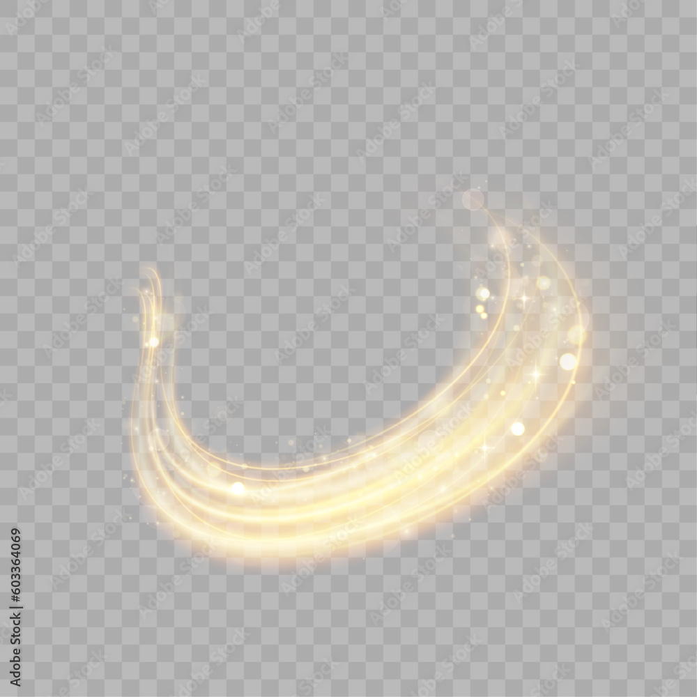 Poster dynamic gold lines with glow effect. rotating shiny rings. abstract sparkling swirl, wave of light.
