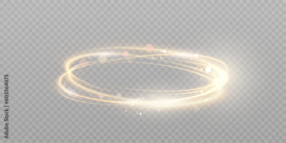 Poster dynamic gold lines with glow effect. rotating shiny rings. abstract sparkling swirl, wave of light.