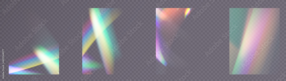 Poster rainbow light rays, lens flare, reflection effect from crystal, glass or gem. vector realistic illus