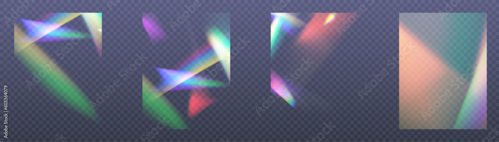 Poster rainbow light rays, lens flare, reflection effect from crystal, glass or gem. vector realistic illus