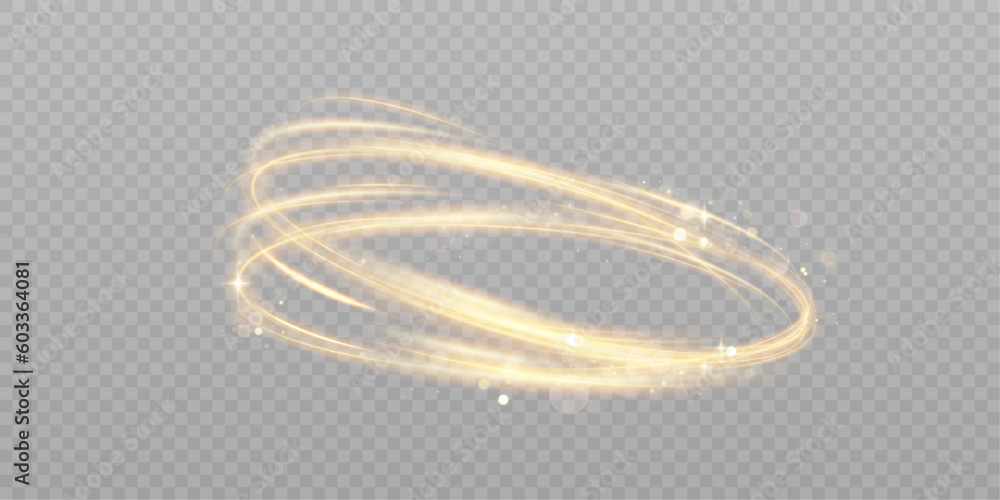 Poster dynamic gold lines with glow effect. rotating shiny rings. abstract sparkling swirl, wave of light.