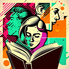 Modern student as concept of education and knowledge for World Book Day, Book Lovers Day, Read a Book Day. Bright silhouette of girl reader and character. Generative AI
