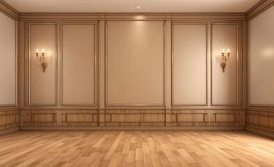 Modern minimalist interior design with light brown decorative wall paneling and stunning wood flooring for presentations, generative AI