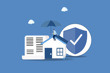 Home Insurance Service. Cottage, businessman with umbrella, security shield and insurance agreement paper. vector illustration.
