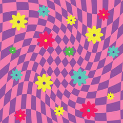 Pink psychedelic squares geometric pattern with flowers. Optical illusion background 60s