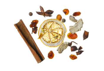 dried berries, cinnamon and spices for mulled wine isolated on transparent background top view