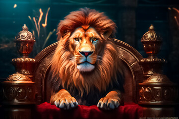 A majestic male lion sits regally on a red and gold king's chair, radiating an aura of power and authority in the dramatic lighting. generative AI.