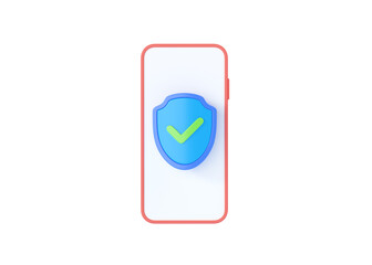 Mobile security 3d render illustration - phone with shield, smartphone defence. Cellphone protection modern concept