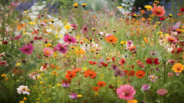 A summer meadow bursting with a profusion of colorful blossoms, buzzing bees, and fluttering butterflies