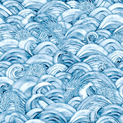 Fototapeta premium Sea waves and dragons magic blue teal turquoise purple seamless pattern