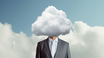 Businessman with white cloud instead of head. Minimal concept. Businessman with zero management ideas and have lot of problems. Generative AI
