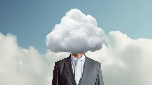 Businessman with white cloud instead of head. Minimal concept. Businessman with zero management ideas and have lot of problems. Generative AI