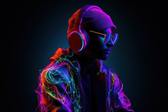 Stylish fashion teenager wearing headphones listening dj music in neon lights. Generative ai.