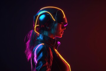 Stylish fashion teenager wearing headphones listening dj music in neon lights. Generative ai.